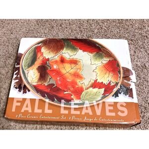Clay Art Fall Leaves Ceramic Entertainment Platter Dish Serving Bowl‎ NIB Autumn